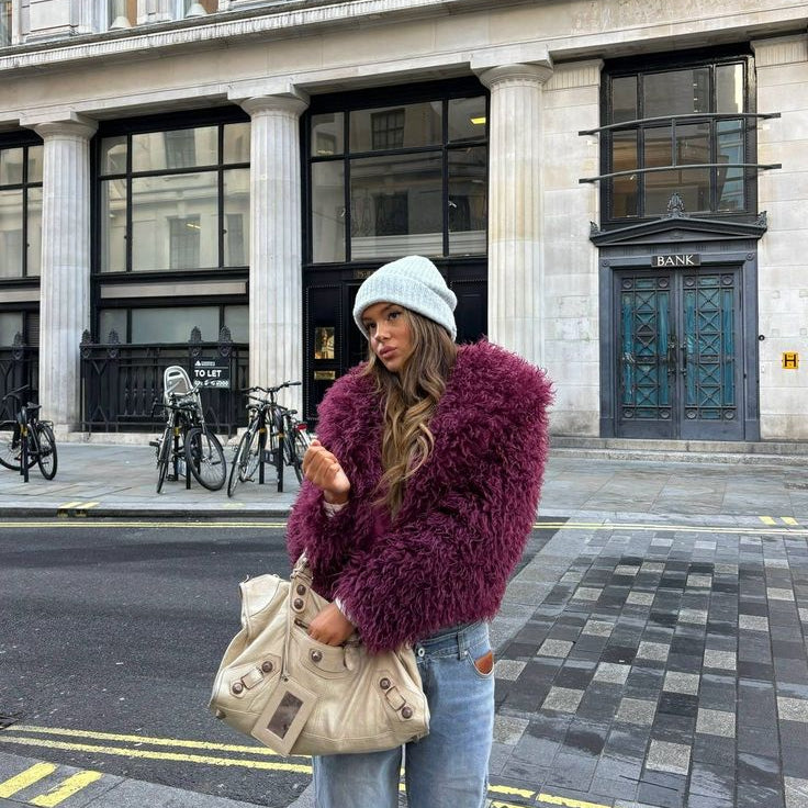 ZEYA Almira Fuzzy Faux Fur Coat in Burgundy