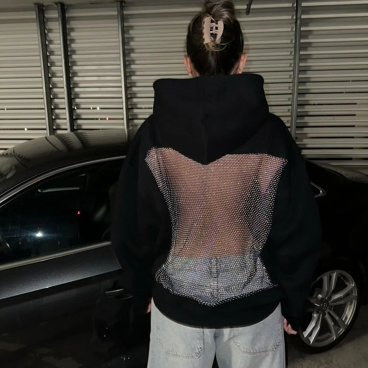 ZEYA - Bridget Rhinestone Mesh Open Back Hoodie
