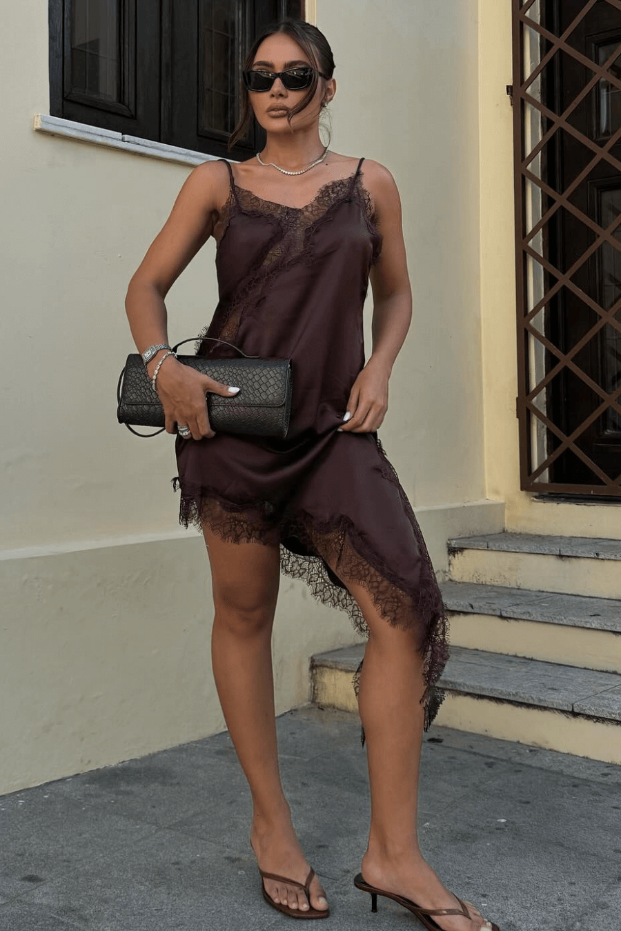 ZEYA - Chiara Asymmetric Satin Lace Midi Dress