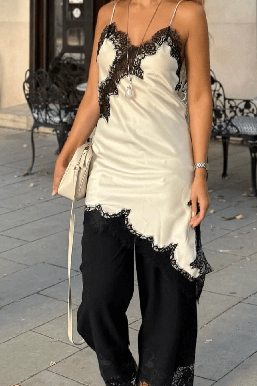 ZEYA - Chiara Asymmetric Satin Lace Midi Dress