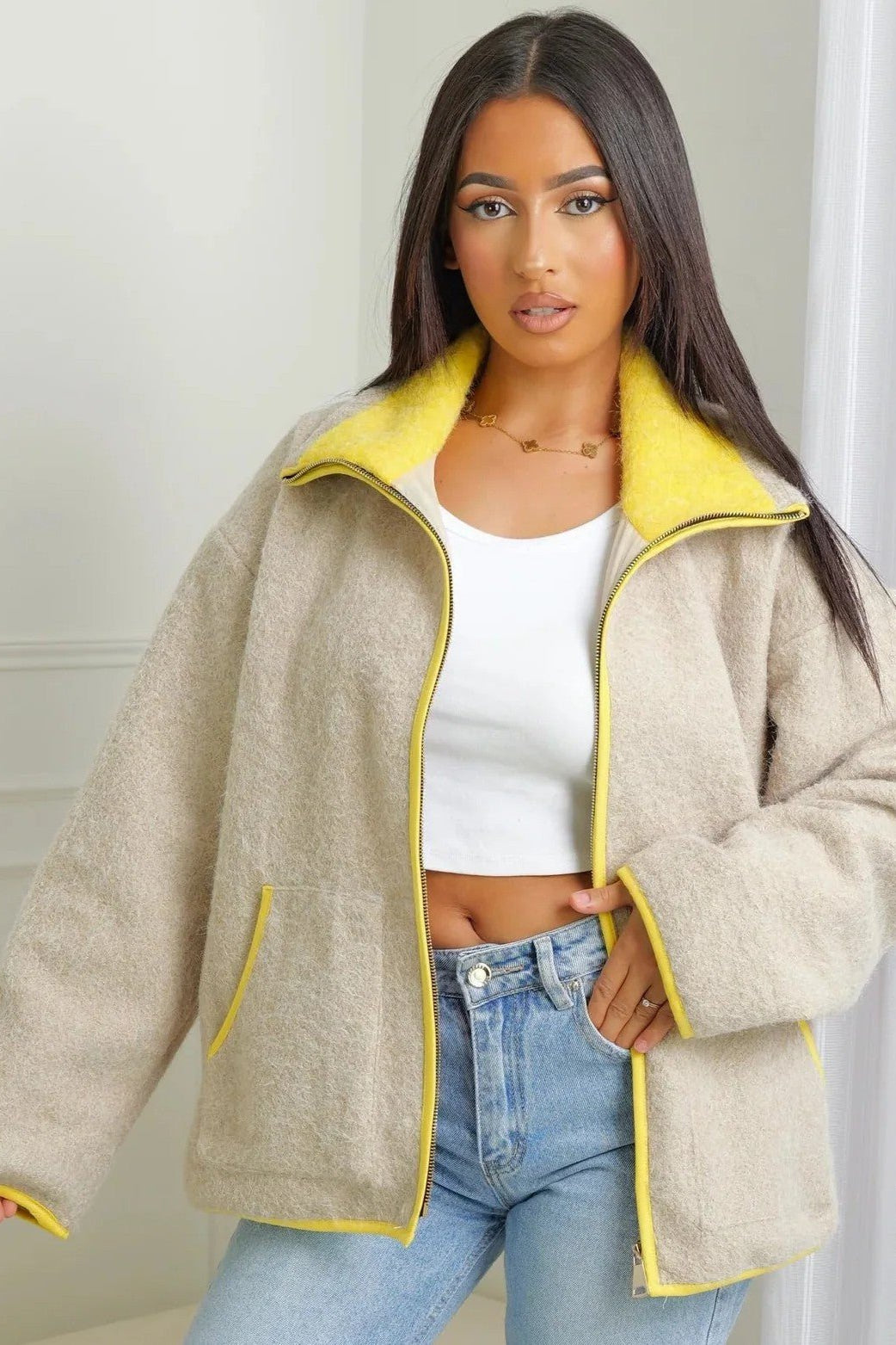 ZEYA - Chloe Stand Collar Contrast Knit Pilot Jacket