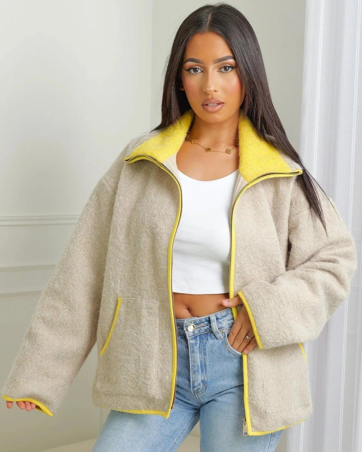 ZEYA - Chloe Stand Collar Contrast Knit Pilot Jacket