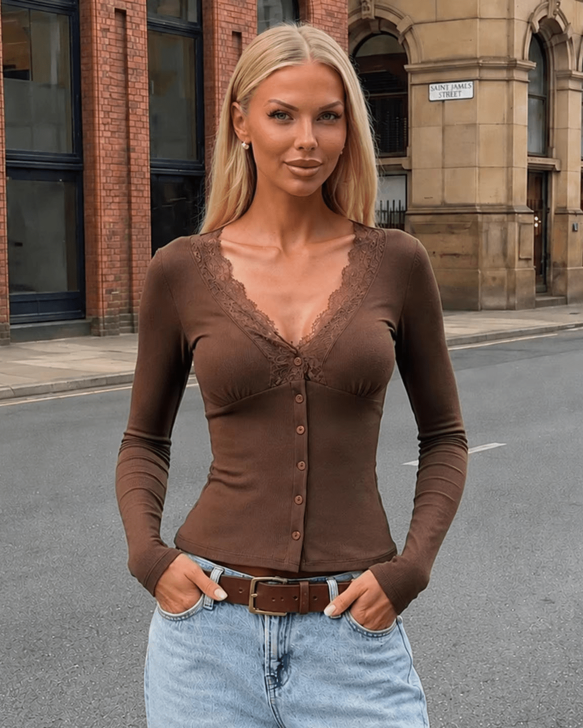 ZEYA - Elise Lace Trim Slim Henley Cardigan