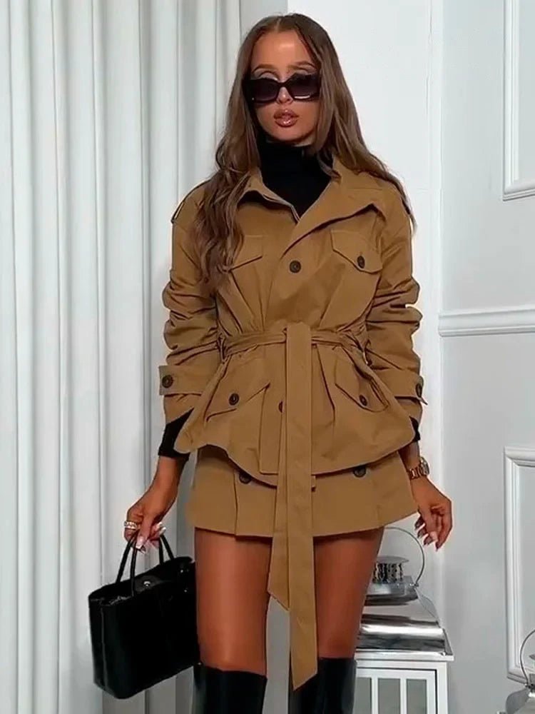ZEYA - Emily High Collar Belted Jacket & Skort Set