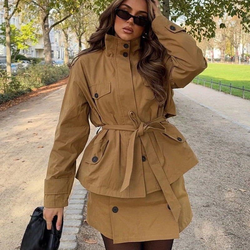 ZEYA - Emily High Collar Belted Jacket & Skort Set
