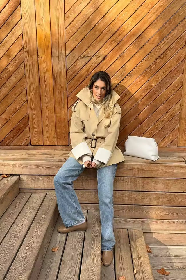 ZEYA - Evelyn Contrast Cuffs Belted Trench Coat
