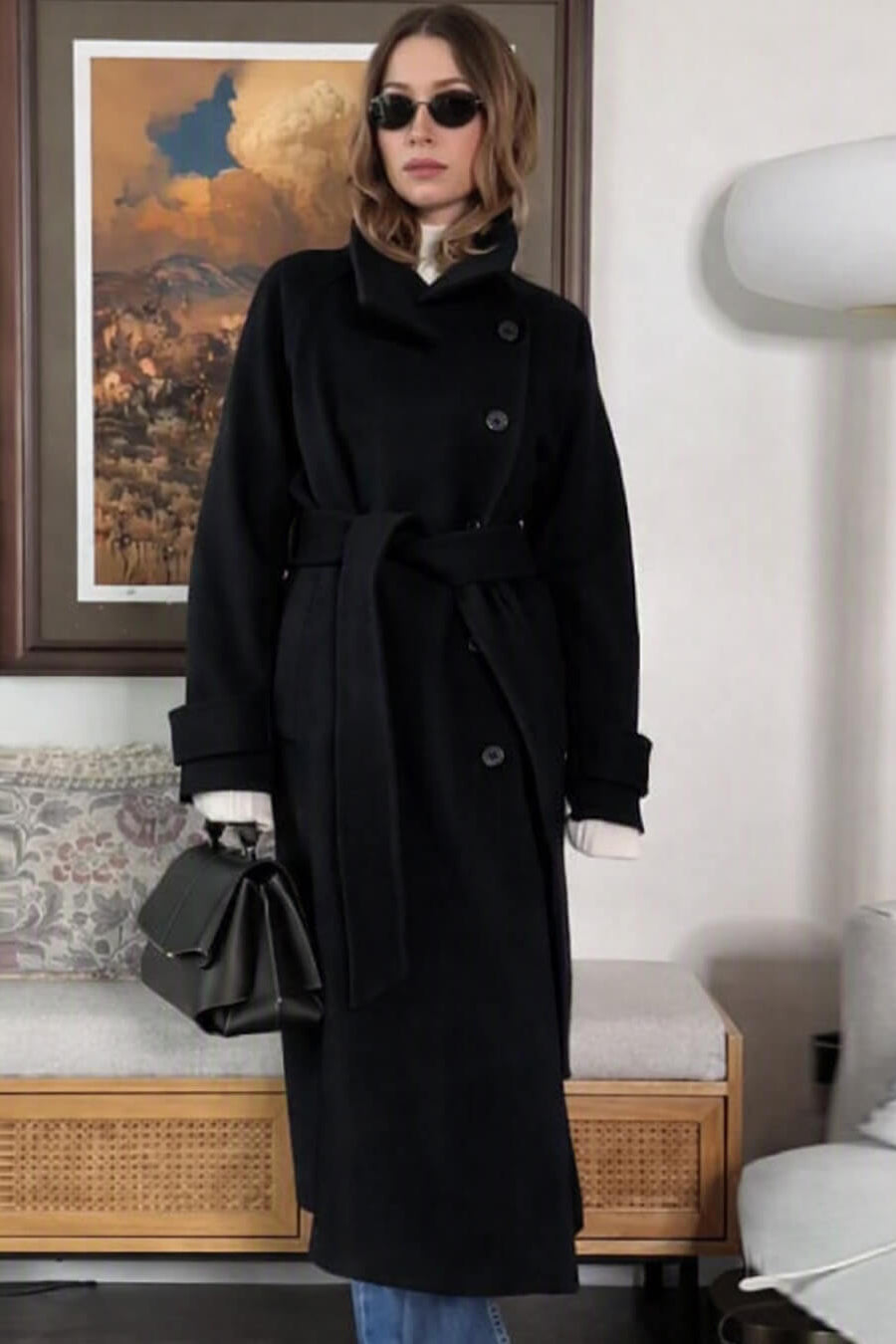 ZEYA - Feline Long Belted High Collar Coat