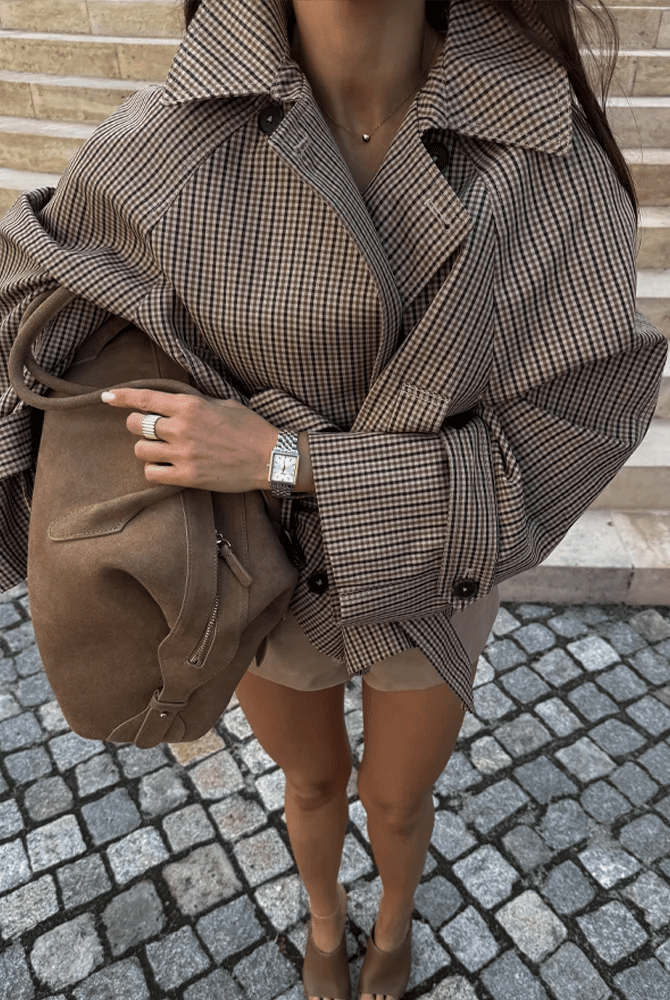 ZEYA - Fiona Plaid Funnel Collar Trench Coat