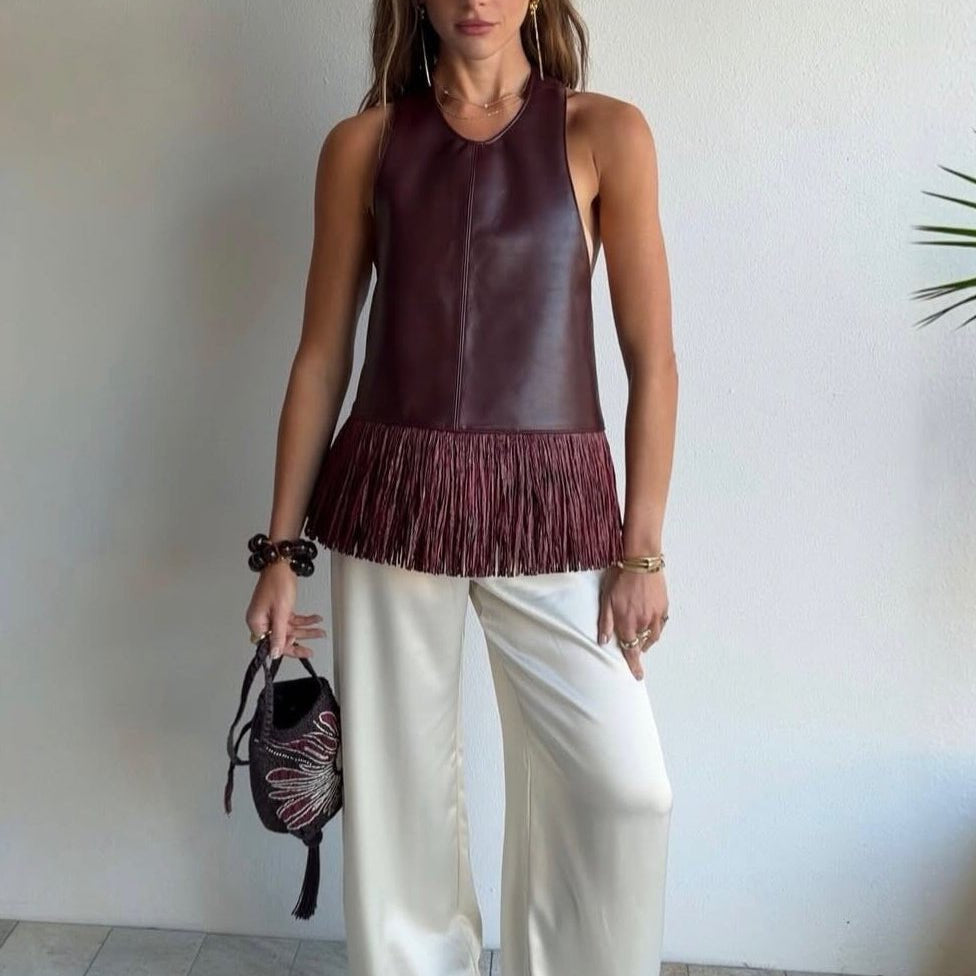 ZEYA - Gina Faux Leather Fringe Halter Top