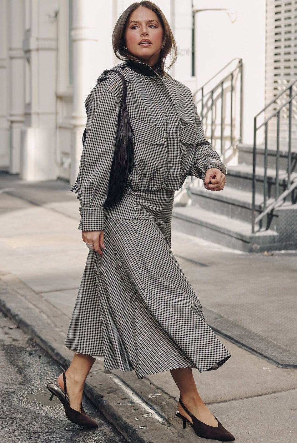 ZEYA - Lisa High Neck Checked Bomber Jacket