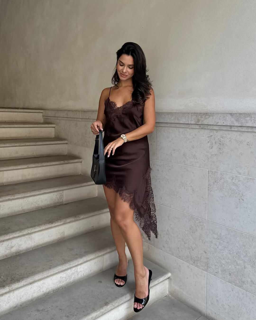 ZEYA - Sophia Asymmetric Satin Lace Midi Dress
