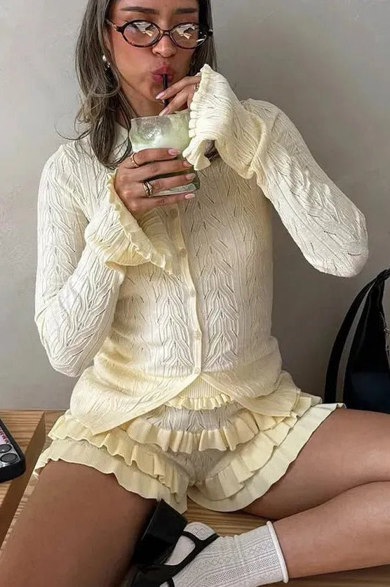 ZEYA - Tiana Ruffled Knit Shorts Set