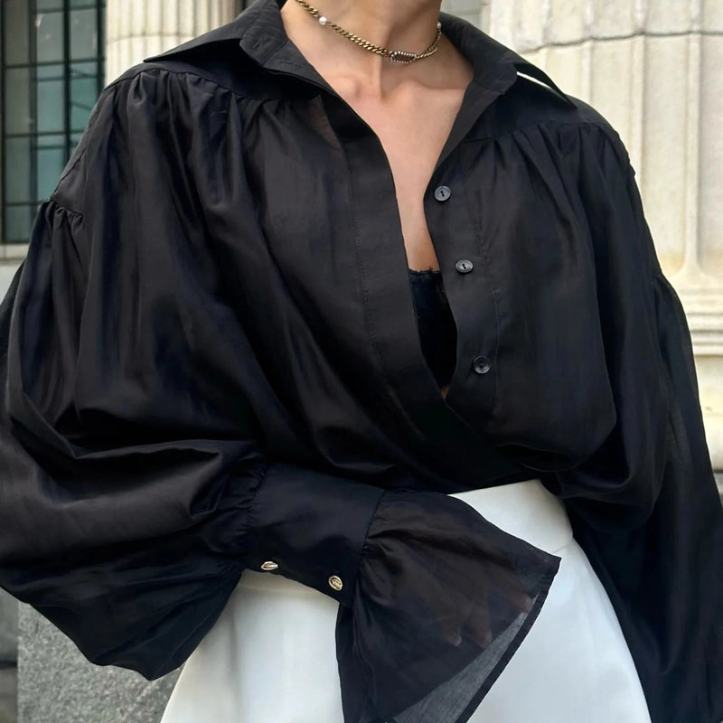 Jane oversize skjorta med puffärmar och rosettremsor