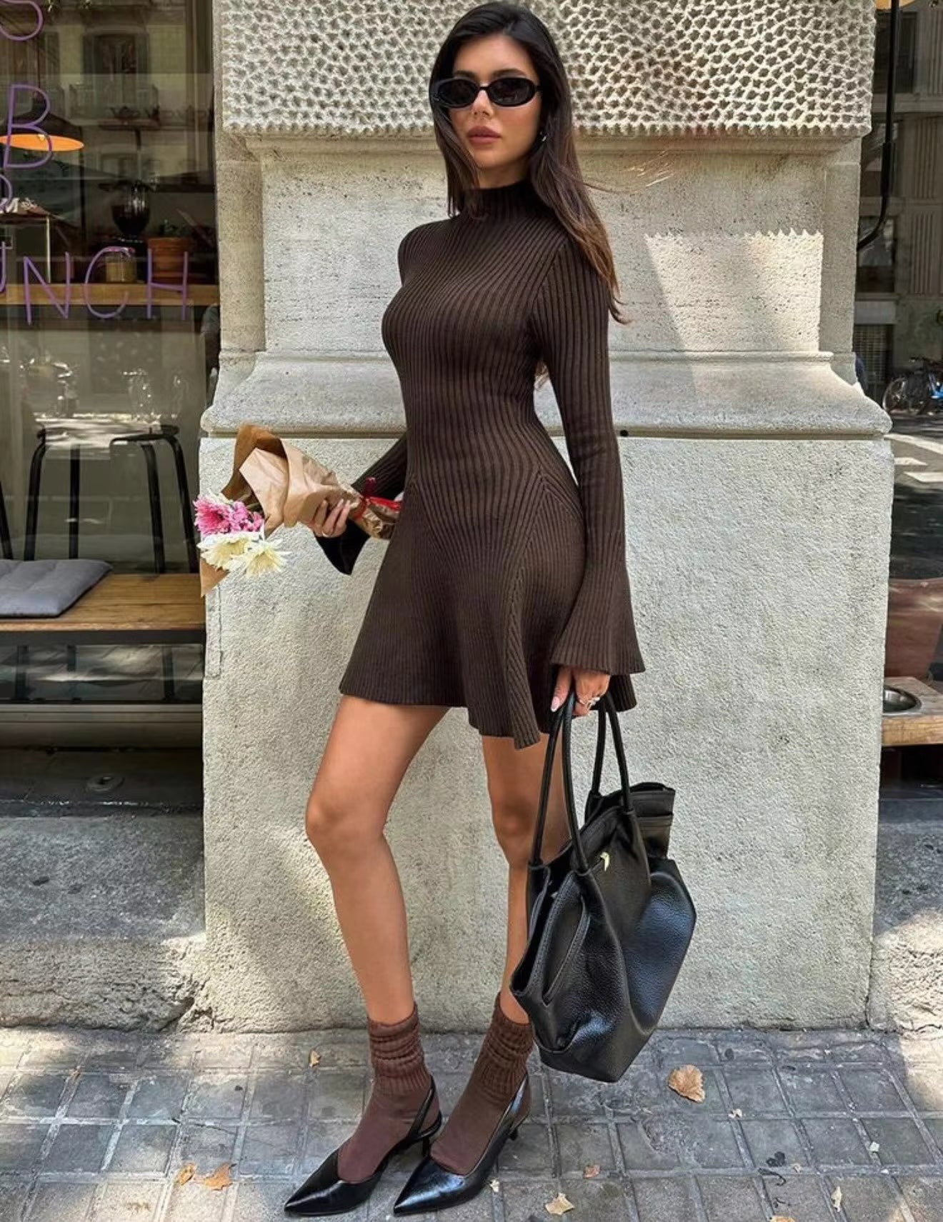 ZEYA Anna Bell Sleeve Ribbed Knit Sweater Dress in Brown