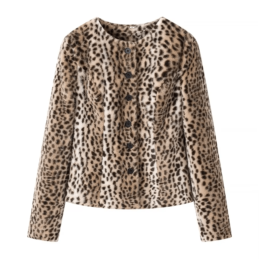 Katie Leopard jacka i fuskpäls, kort modell, leopardmönster