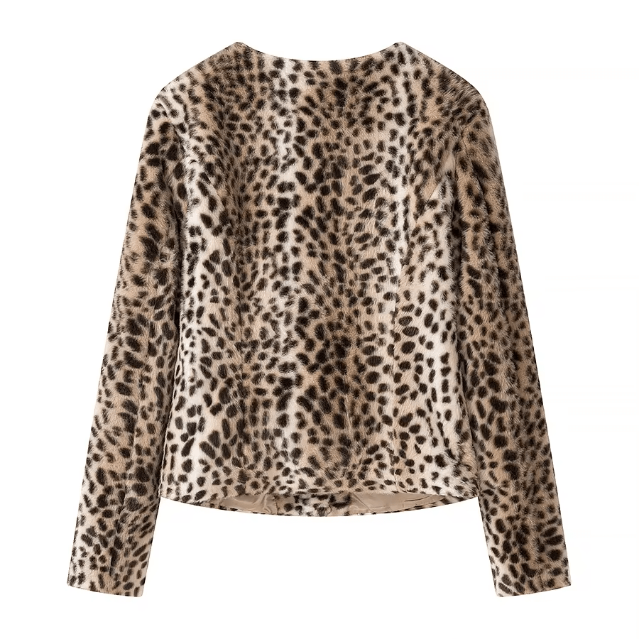 Katie Leopard jacka i fuskpäls, kort modell, leopardmönster