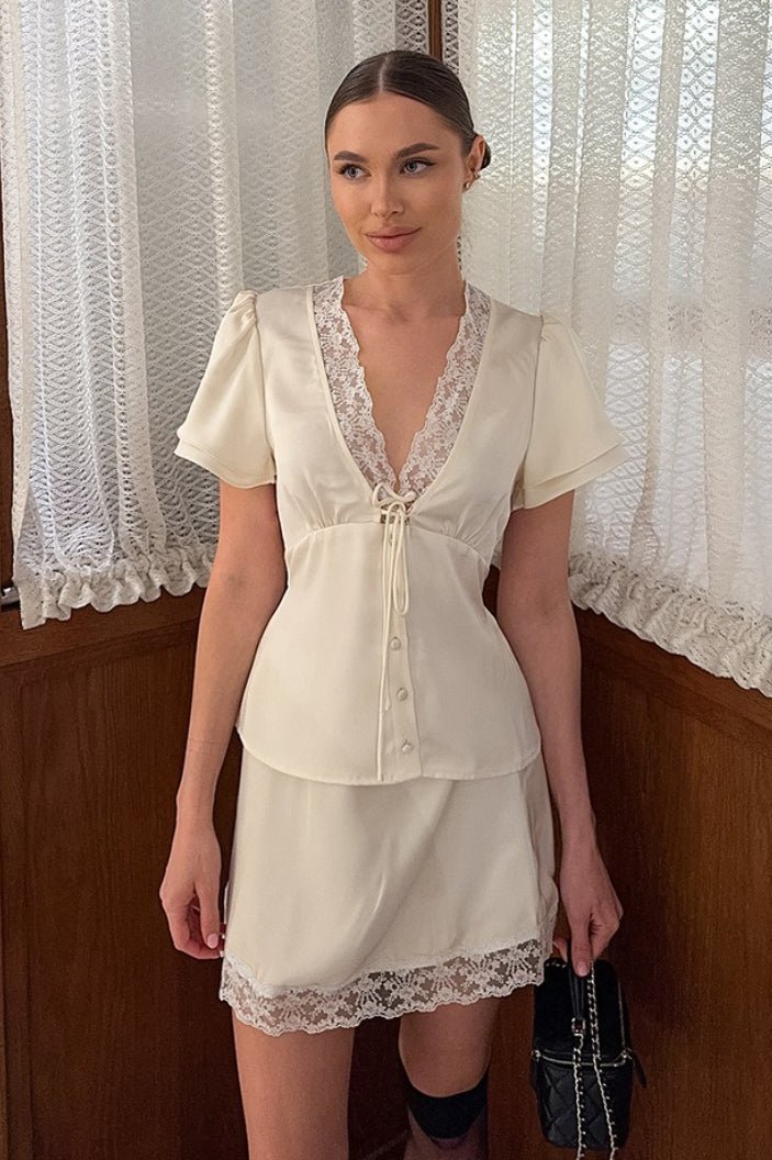 Bianca Satin Lace V-Neck Tie-Waist Skirt Set