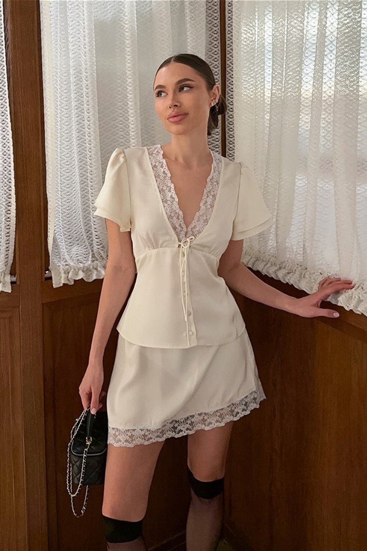 Bianca Satin Lace V-Neck Tie-Waist Skirt Set