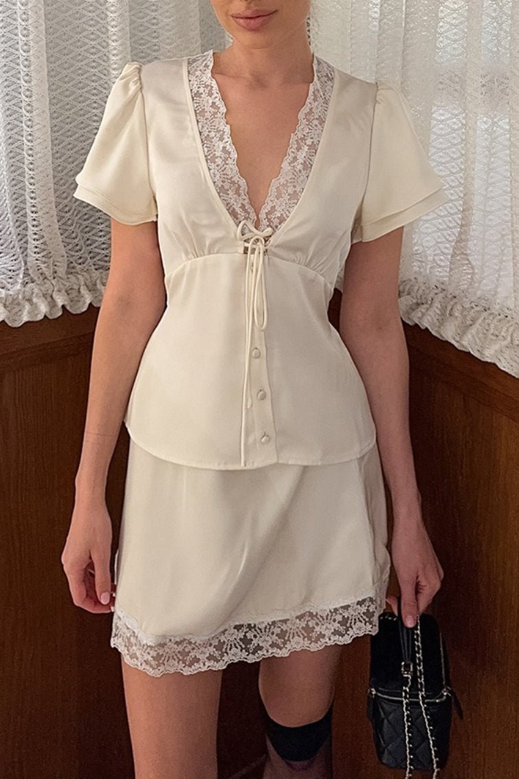 Bianca Satin Lace V-Neck Tie-Waist Skirt Set