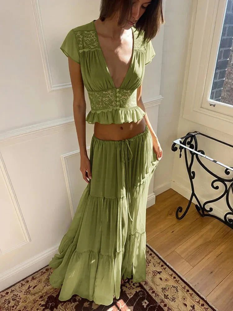 Nella spets- och chiffontopp med kjol set