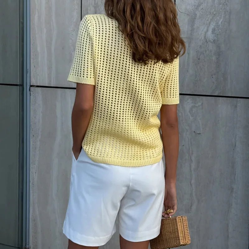 ZEYA - Amber Hollow Out Knit Polo Blouse