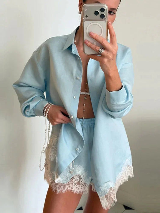 ZEYA - Bianca Lace Patchwork Beach Shirt Set