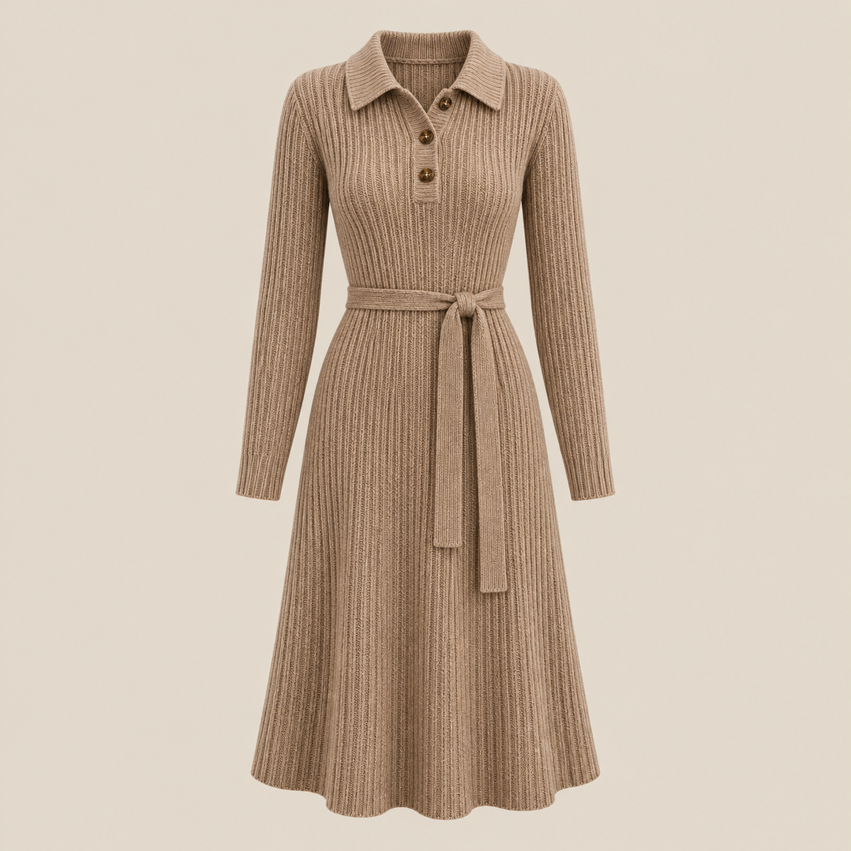 Taupe belted knit dress on beige