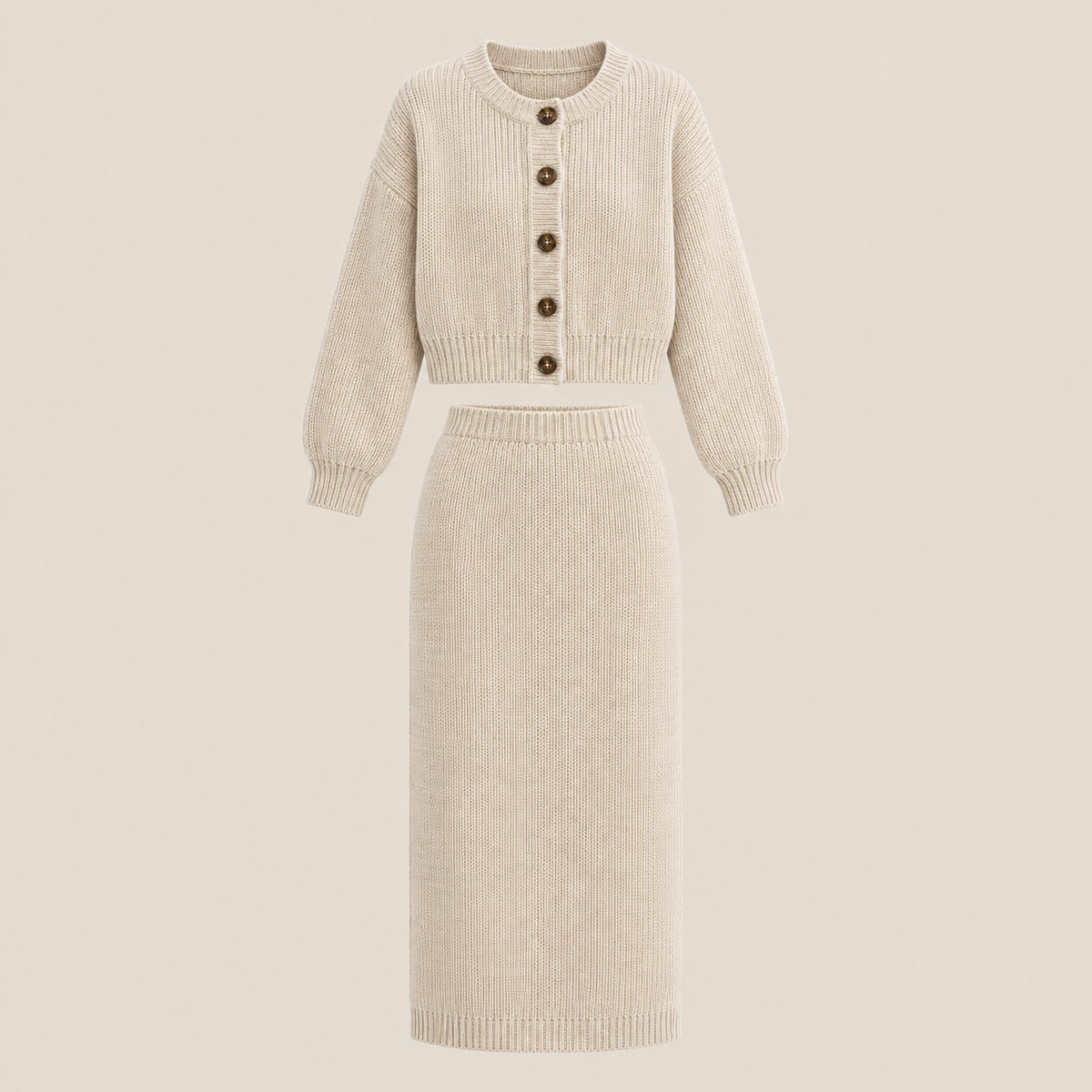Oatmeal cardigan and skirt set on beige