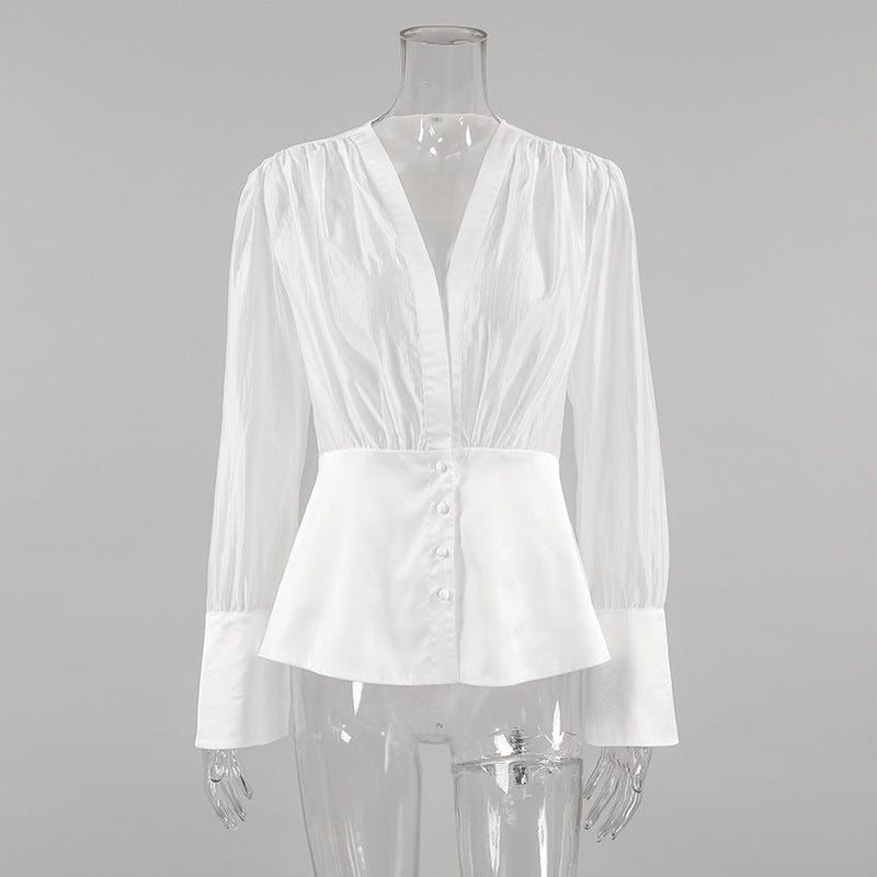 ZEYA - Lydia Deep Neck Sheer Button Blouse