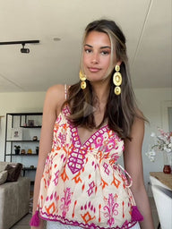 Mia Broderad Boho-topp med Tassels