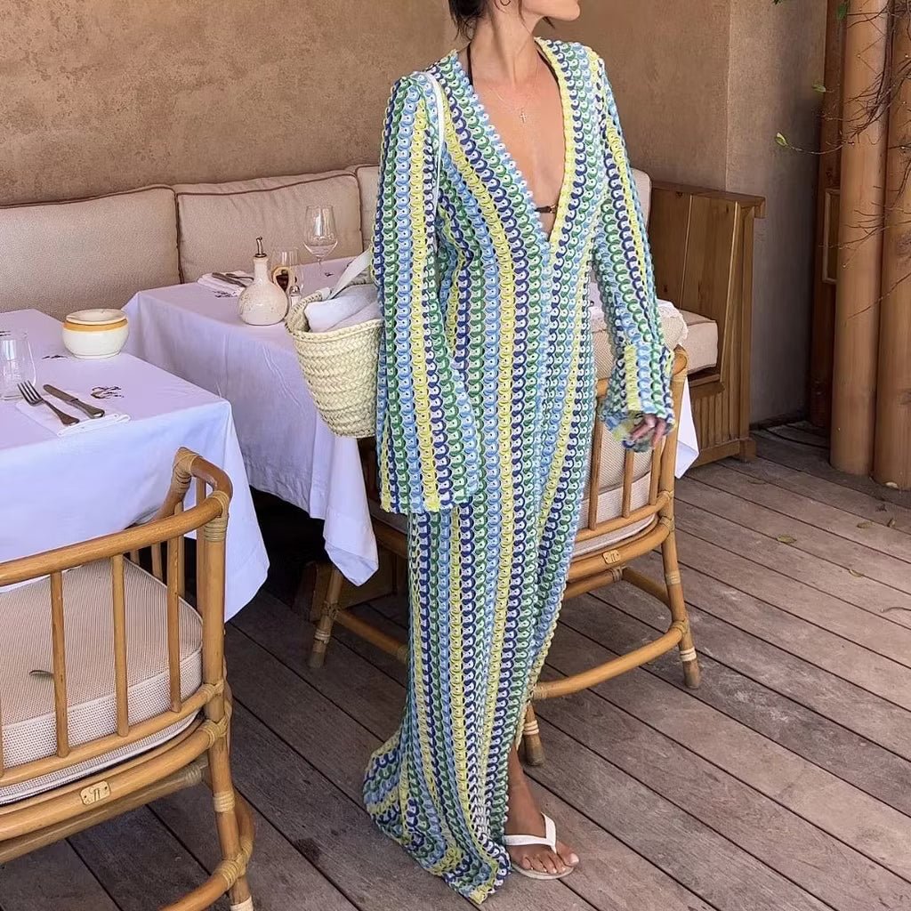 ZEYA - Sophia Crochet Stripe Flare Sleeve Maxi Dress