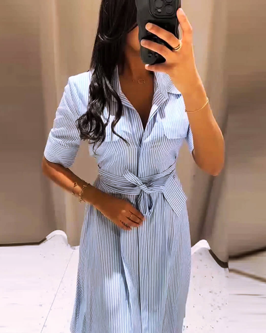 ZEYA - Winona Striped Lace-Up Collar Maxi Dress